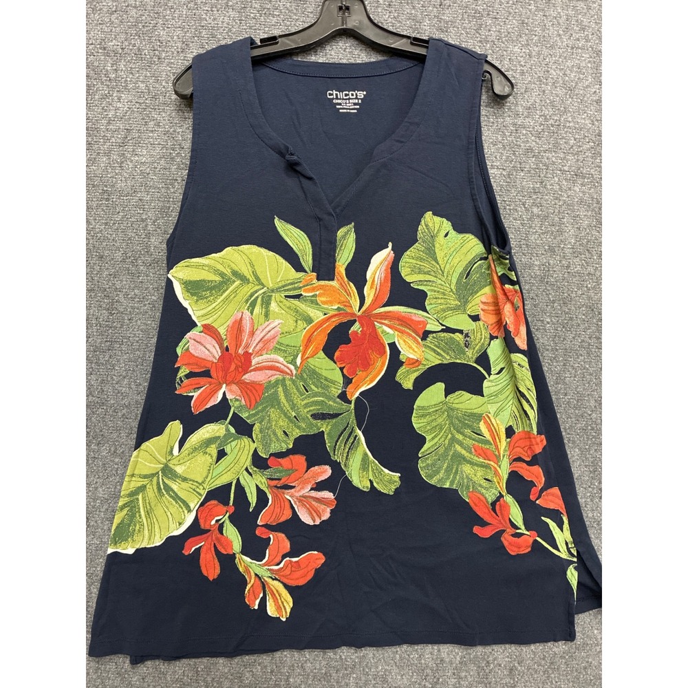 Chico's Navy Blue Tropical Floral Pima Cotton Tank Top Sleeveless Size 2 Large